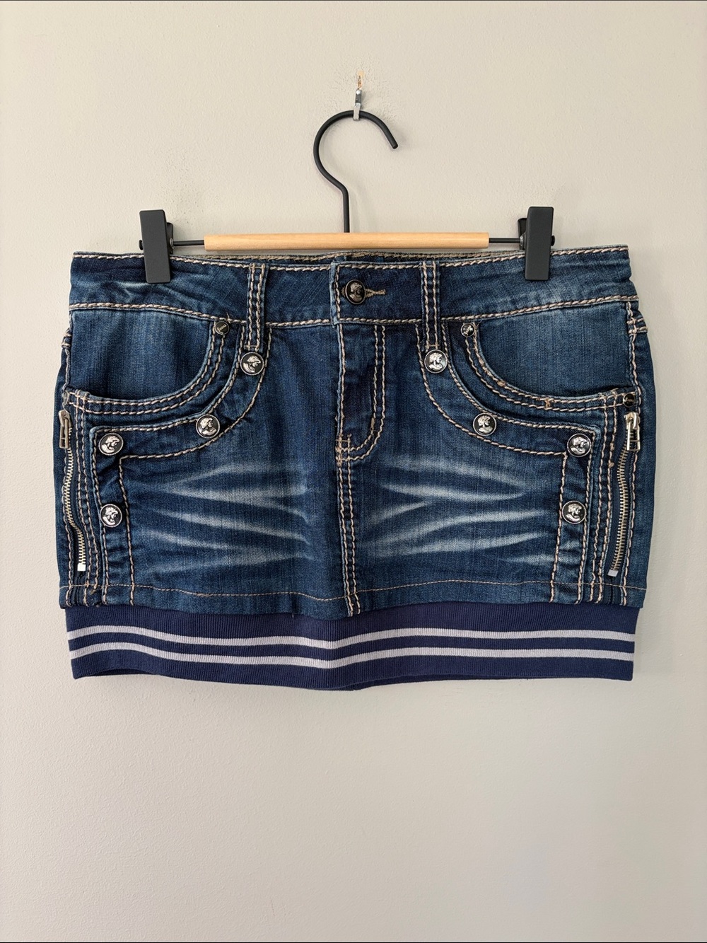 Gold SK Micro Mini Jean Skirt Large Denim Y2K 90s Low Rise Embellished